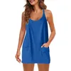 Vrouwen tweedelig sets kleding broek zomer mouwloze mini jurk v nek spaghetti riem sundress atletische korte jurk met zakken