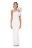 Sexy White One Shoulder Ruffles Flower Appliques Bodycon Bandage Dress Sexy Sleeveless Maxi Celebrity Evening Runway Party Dress 240403