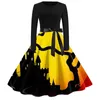 Casual Dresses Women Halloween Pumpkin Print Dress Round Neck Zipper Party Striped Midi Cute For