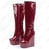 Stiefel Ronticool Mode Frauen Winter Kniekeile High Heels runden Zehen wunderschöne rosa burgundige Partyschuhe und US-Größe 5-20