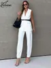 Женские брюки с двумя частями Oymimi Fashion White Prints для женщин 2 штуки Элегантные рубашки без рукавов лацката и прямая лодыжка
