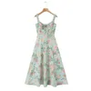 7021 Summer Womens Style Green Color Matching Split Mid Length Suspender Dress