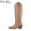 Boots Onlymaker Femmes pointues Toe Gold Knee High Western Cowboy Veal large Bloque brodé à talon Pull-On Cowgirl Lady Bo