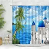 Rideaux de douche paysage océan coiffure rideaux bleu ville grecque palpant plante paysage mur décorer la baignoire de salle de bain