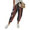 Женские брюки распущенные полосатые цветочные принципы с упругими карманами ретро -подходящие брюки для женщин длинная уличная одежда дна