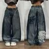 Damesjeans 2024 AMERIKAANSE HARAJUKU VINTAGE RECHTE HOOG TAIUS Y2K Women gewassen blauwe pocket baggy straatstijl gotische brede broek