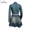 Soefdioo Fashion Denim 2ピースセット女性ヒップスター刺繍ジャケットとプリーツミニスカートは、ハイストリートの衣装を一致させる240408