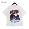 Hög upplaga sommar New American Street Fashion Rhude Sunset Sea Sail Letter Print Mens and Womens Loose T-shirt