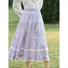 Skirts INMAN Women Skirt 2024 Spring Elastic Waist A-shaped Loose Pleated Stacking Hollow Lace Ruffle Edge Purple White Plaid Dress