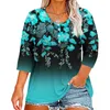 Dames t shirts 3/4 mouw voor vrouwen afdrukken grafische T-stukken knop v-neck blouses casual plus size basic tops pullover hauts grande taille