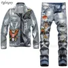 Mens Embroidered Badge Denim Jacket Ripped Jeans 2Pcs Set Long Sleeve Coat and Stretch Pants Streetwear Retro Blue Hole 240415