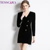 Casual Dresses TESSCARA Women Autumn & Winter Elegant Velvet Dress High Quality Office Lady Cocktail Party Vintage Designer Black Vestidos