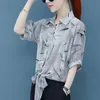Летняя офисная леди свободно повседневное ретро корейское стиль женская рубашка лук с твердым цветом v nece с короткими рукавами шикарные топы 240407