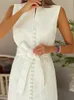 Summer Elegant Dres 2023 Women Sleeveless Button Decoration with Belts Formal Fragrant Breeze White Dress vestidos 240409