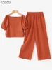 Summer miejski dres do mody dopasowywanie mody Zanzea krótkie bluzki bluzki stałe ol robocze spodnie Suit 2pcs Kobiet strój 240418