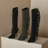 Boots Women Shoes Thin High Heels Flock Pointed Toe Zipper Casual Plus Size 48 34 Knee-High Fringe Lady Long Club Party Sexy