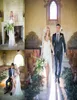 Tanie koronkowe bohemijskie sukienki ślubne Ivory 2019 Made Custom Długie rękawy Przednie szczelinę Vintage Sheer Szyjka ślubna wysoka szyja SWE1946162