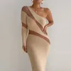 Casual jurken meqeiss een schouder maasje pure midi -jurk met lange mouwen voor dames feestclub elegante outfit uitgesneden bodycon vestido