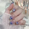 False Nails 24 pieces of gradient blue ballet dancer fake nails heart-shaped design coffin square fake nail art tools complete set pressing nail tips Y240419KD2K