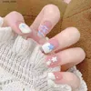 Falska naglar 24st Sweet Ligh Blue False Nails With Star Printed Korean Fresh Cloud Fake Nail Tips For Girl Women Wable Full Cover Manicure Y240419 Y240419