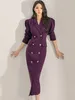 カジュアルドレス2024紫色のダブル胸エレガントな長いスーツドレス秋の冬の袖のボディコンプロムドレスウーマン韓国のファシオンシック