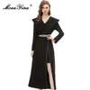 Vestidos casuales moaayina diseñador de moda de otoño negro vintage vintage solapa de manga larga fajas de diamantes recolectadas cintura delgada