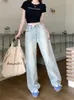 Jeans femminile striscia verticale a blu chiaro stile larghi vanti pantaloni da donna vintage ragazza casual