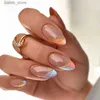 Valse nagels 24 stks blauwe amandel valse nagels gradiënt met strijkbeen Franse ontwerp draagbare nep nagels glitter glitter full cover pers op nagels tips y240419ww8k