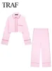 Traf Spring Womans Fashion Pink Pantals Set à manches longues Shirts lâches décontractés