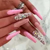 False Nails 24Pcs Extra Long Ballet False Nails with Rhinestone Acrylic Square Head Fake Nails Heart-shaped Designs Wearable Press on Nails Y240419D2DW