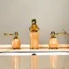 Badrumsvaskar Krattor Luxury Gold Brass Natural Jade Faucet Golden Art Basin Mixer TAPS TRE HOLES TOVORY FINED-SM518