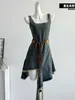 Casual Dresses Design Elegant denimklänning från axelfestet med bältet A-Line Office Lady Square Collar One-Piece Frocks Blue Chic