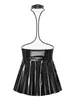 Womens Halter Open Chest Ruffled Dress Wet Look Patent Leather Mini Pleated Dress Sexy Backless Dress Lingerie Rave Nightwear 240419