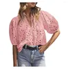 Women's Blouses Women Summer Blouse Casual V-neck Lantern Short Sleeve Shirt Solid Color Hollow Flower Pattern Pullover Tops Streetwear