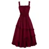 Casual Dresses Fashion Sling Off-Neck Wine Red Wooden Ear Fitted Waist Backless A- Line Slimming Dress Evening