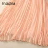 Casual Dresses Evagina Fashion Runway Designer Women's V-Neck Lantern Long Sleeve Waist Patchwork Sequin Ostrich Feather Pleated Pink Dress