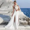 Een lijn trouwjurken zomerstrand boho chiffon bruidsjurken met sexy hoge split open rug mouwloze eenvoudige bruiden receptie jurk yd