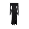 Houzhou Women Black Sexy Long Dress Off Show Show Elegant Irregular Bruffles Deste da sera Abiti di pizzo gotico CodyCon 240403