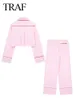 Traf Spring Womans Fashion Pink Pantals Set à manches longues Shirts lâches décontractés