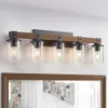 6-Light Farmhouse Vanity Lights with Rustic Wood and Vintage Metal Sconces, Industrial Bathroom Lighting Fixtures with Clear Glass Shades