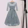 Casual Dresses Women Party Dress V Neck Back Zipper A-Line Evening Elegant Bow Belt Flower Brodery Loose Hem Double Layers