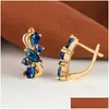 Hoop Huggie Kolczyki Elegancki ciemnoniebieski kamień kwiat Ins Rosyjski styl 18K Gold Plated Teardrop Kształt Kryształowe klipy Biżuteria Drop Gelive Dhmw5