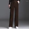 Women's Pants Autumn Elastic Waist Straight Corduroy High Lace Up Wide Leg Trousers Mujer Korean Thinck Loose Casual