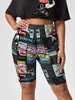 Finjani Womens Plus Size Shorts Allover Cartoon Print Sports Hig