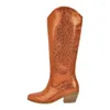 Laarzen Onlymaker Brown Western Cowgirl Punted Toe brede kalfblok Hiel zijde ritssluiting knie hoog