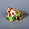 Pierścienie klastra mody srebrny pierścień wielokolorowy ręcznie robiony emalia Lotus kwiat dla kobiet luksusowy żółty złoto biżuteria vintage