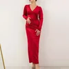 Casual Dresses Autumn Fashion Solid Draped A-Line Dress 2024 Velvet Long Sleeve Slim Elegant Lady V-Neck Belt High midje Party