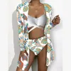 Women's Swimwear 2024 Mesh Three Piece Sunscreen Digital Print Loose Top