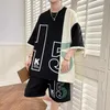 Mens Tshirt Shorts 2 -stycken Set 2024 Red Tracksuit Korean of Harajuku High Street Clothing Creative Mönster Kort kostym 240411