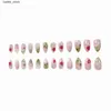 False Nails 24pcs Almond Strawberry Heart Fake Nail Wearing Full Cover Sweet Girl Cherry Pattern False Nail Patch Gradient Press on Nails Y240419 Y240419